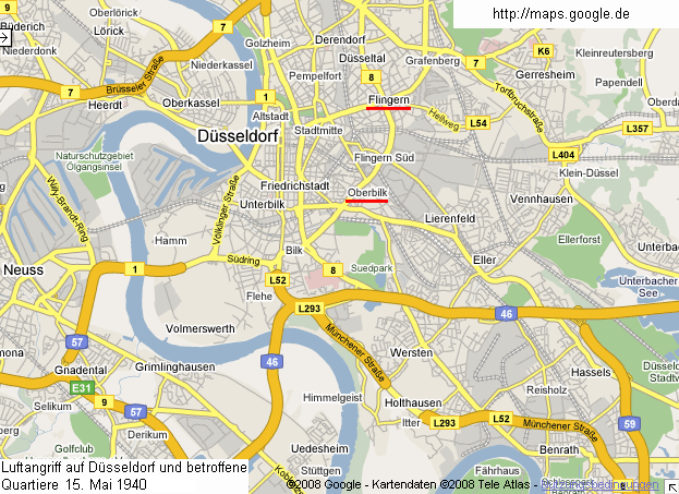 Karte mit Dsseldorf und den
              betroffenen Stadtteilen vom Luftangriff vom 15. Mai 1940