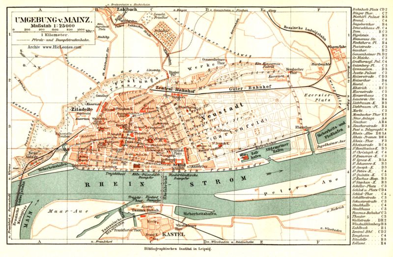 Mainz, Stadtplan von 1898 mit der Altstadt,
                      Zitadelle, Hauptbahnhof, Neustadt, Rheinallee,
                      Rheinpromenaden, Hafenanlagen, Gterbahnhof und
                      Stadtteilen auf der anderen Rheinseite.
