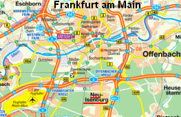 Karte mit Frankfurt am Main,
              Neu-Isenburg, Offenbach und dem Rhein-Main-Flughafen