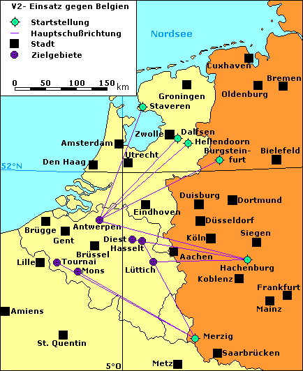 Karte:
                        V2-Abschussrampen und Ziele der V2 in Belgien