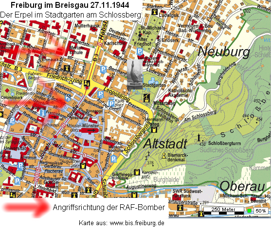 Karte von Freiburg im Breisgau mit dem
Münster, dem Stadtgarten, dem Erpeldenkmal und dem
Schlossberg Karte von Freiburg im Breisgau mit
dem Münster, dem Stadtgarten, dem Erpeldenkmal und dem
Schlossberg