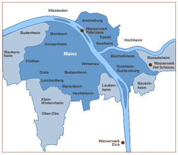 Mainz,
                        die Wasserversorgung mit den heutigen Mainzer
                        Stadtteilen Mombach, Gonsenheim, Finsthen,
                        Drais, Lerchenberg, Marienborn, Hechtsheim,
                        Bretzenheim und Weisenau, sowie mit den
                        rechsrheinischen Gemeinden Ginsheim-Gustavsburg,
                        Bischofsheim (ab 1945 selbstndig), Kostheim,
                        Kastel und Amneburg (ab 1945 zu Wiesbaden),
                        Karte von 2008 ca. [16]