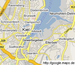 Karte von Kiel mit der
                      Altstadt, Kiel-Gaarden, dem
                      "Gewerbegebiet" (Hafen und Werften) und
                      den Bahnlinien, Kiel Brunswik, Vorstadt,
                      Ravensberg, Dsternbrook, Ellerbek und
                      Wellingdorf