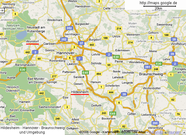 Karte mit Hildesheim und Wunstorf
              nordwestlich von Hannover