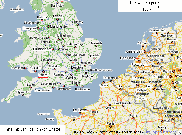 Karte mit Bristol als Endstation der
              Linie Rotterdam-London-Bristol. Von der Kste Frankreichs
              aus sind es ca. 300 km bis Bristol.