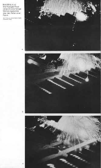 Bilder 233 a, b und c: Eine Markierungsbombe
                      fllt ber eine Fabrikhalle