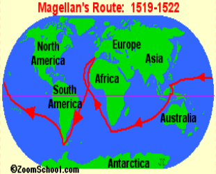 Weltkarte mit der
Magellan-Weltumseglung 1519-1522 - 3 Jahre Weltkarte mit der Magellan-Weltumseglung
1519-1522 - 3 Jahre