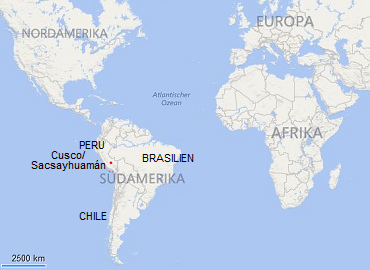 Karte mit Europa, Afrika und
                        Amerika mit Peru und Cusco / Sacsayhuam�n
