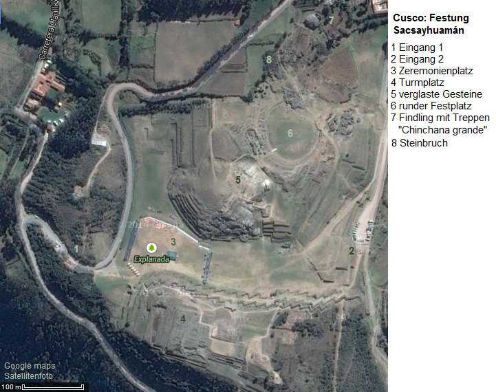 Das Gel�nde der Festung Sacsayhuam�n auf
                        dem Satellitenfoto (google maps), der
                        Treppenstein ist ganz oben und heisst im
                        Volksmund "Chinchana"