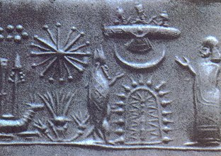 Annunaki-Ausserirdische der Sumerer mit einer
                Sonne mit Planetenkreis wie ein Atommodell