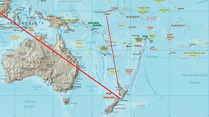 Mapa con la ruta Nueva Zelanda-Nauru-Kiribati
                (atol�n de Tarawa)