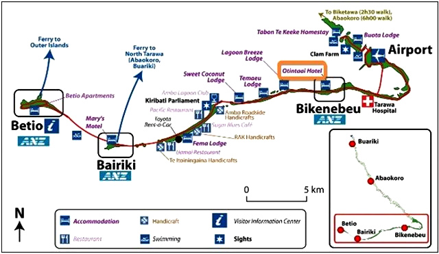 El hotel Otintai /
                        Otintaai en la localidad de Bikenebeu en la isla
                        de Bonriki, mapa