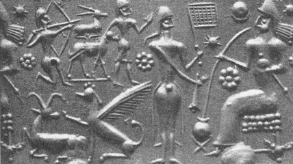 Sello de rodillo de los sumerios (03)
con dioses, dioses cazadores, animales alados
y símbolos Sello de rodillo de los
sumerios (03) con dioses, dioses cazadores,
animales alados y símbolos
