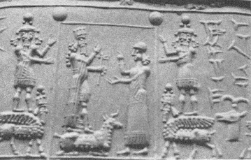 Sello de
rodillo de los sumerios (08) con dioses y
animales alados, y con escritura
cuneiforme Sello de rodillo de los sumerios (08)
con dioses y animales alados, y con
escritura cuneiforme