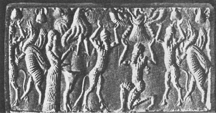 Sello de rodillo de los sumerios
(13) con dioses con cascos y con colas Sello de rodillo de los sumerios
(13) con dioses con cascos y con colas