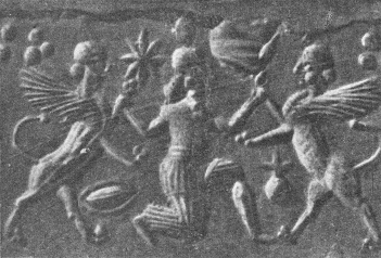Sello de rodillo de los sumerios
(17) con un dios como hombre y dios dioses
mitad león mitad hombre con alas Sello de rodillo de los sumerios (17)
con un dios como hombre y dios dioses
mitad león mitad hombre con alas