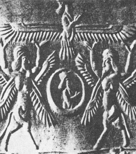 Sello de rodillo de
los sumerios (19) con dioses mitad caballo
mitad hombre cada uno con 4 alas Sello de rodillo de los sumerios (19)
con dioses mitad caballo mitad hombre cada
uno con 4 alas
