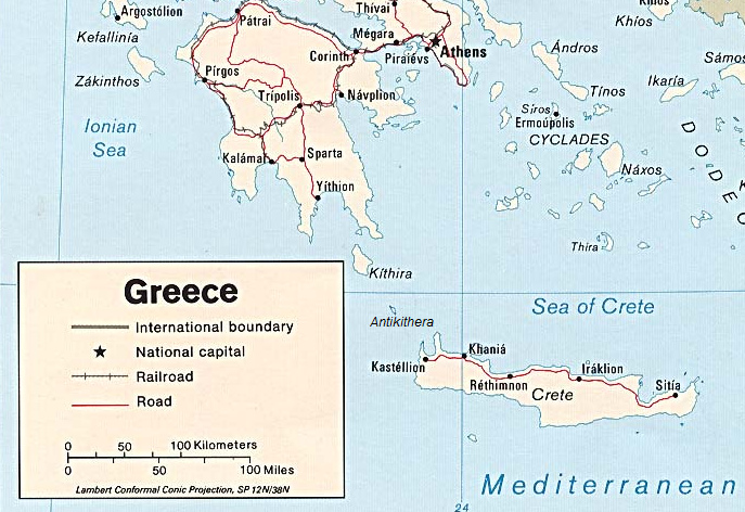 Mapa de
                      Grecia del Sur con Creta y con Antikithera