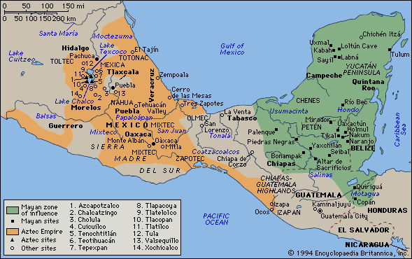 Mapa con los Mayas en la península de
Yucatán (verde) y los aztecas en la meseta de
México (rojo) Mapa con los Mayas
en la península de Yucatán (verde) y los
aztecas en la meseta de México (rojo)
