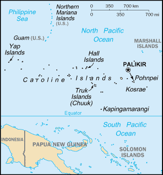 Mapa de
las islas Carolinas con Ponape, llamado desde 1990 como
Pohnpei Mapa de las islas Carolinas con
Ponape, llamado desde 1990 como Pohnpei