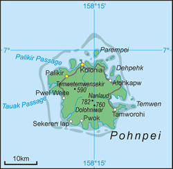 Mapa con la isla de Ponape /
Pohnpei con Temuen / Temwen / Nan Madol Mapa con la isla
de Ponape / Pohnpei con Temuen / Temwen / Nan
Madol