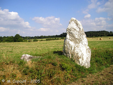 Menhir en cuarzo en la
región de Monterrein (Francia) al lado de la
ruta a Morhannais Menhir en cuarzo en la región de
Monterrein (Francia) al lado de la ruta a
Morhannais