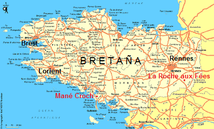 Mapa de Bretaña con la piedra de
las hadas (La Roche aux Fées) Mapa de Bretaña
con la piedra de las hadas (La Roche aux
Fées)