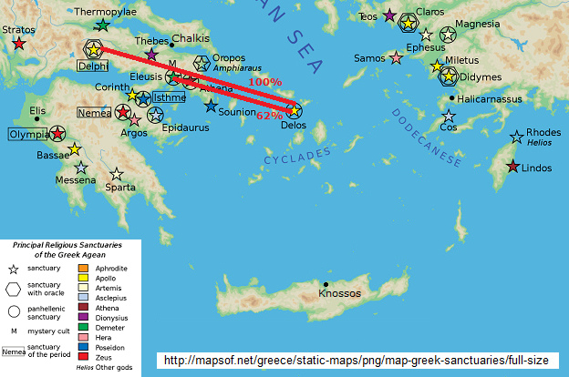 Mapa con
                    las distancias Delos-Eleusis y Delos-Delfos