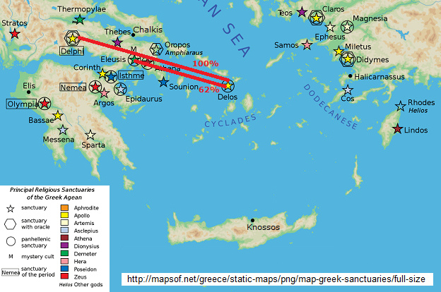 Mapa con
                    las distancias Delos-Eleusis y Delos-Delfos