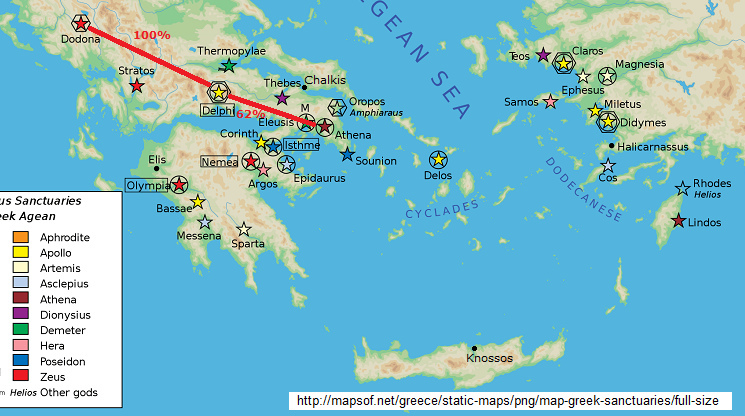 Mapa con
                    las distancias Dodona-Delfos-Atenas