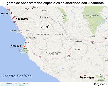 Lugares de observatorios
espaciales colaborando con Jicamarca - mapa con
Jicamarca, Ancón, Paracas y Arequipa Lugares de
observatorios espaciales colaborando con
Jicamarca - mapa con Jicamarca, Ancón, Paracas y
Arequipa