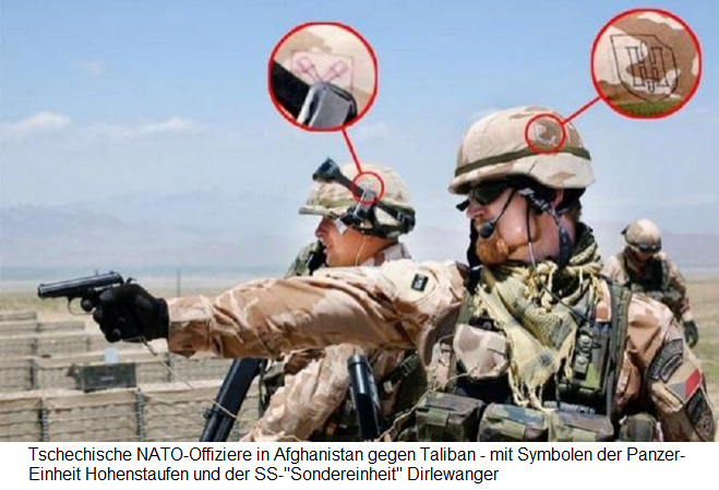 Tschechische NATO-Offiziere in
                                    Afghanistan mit SS-Symbolen an den
                                    Helmen: 9. SS-Panzerdivision
                                    "Hohenstaufen" und
                                    SS-Sondereinheit
                                    "Dirlewanger"