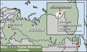 Map of Birobidzhan
                          with its position on the Trans-Siberian
                          Railway line