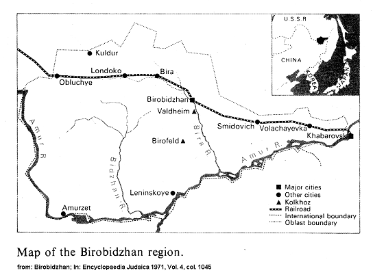 Map of Birobidzhan province with
                              towns, rivers and kolkhozes with the
                              Trans-Siberian Railway