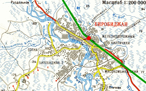 Map
                          of the town of Birobidzhan on Bira River in
                          the year 2000 approx.