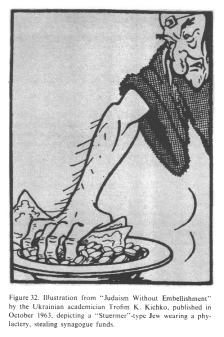 Encyclopaedia Judaica (1971): Russia:
                            Jews in "Soviet Union", vol.14,
                            col. 491, illustration from "Judaism
                            Without Embellishment" (without lies)
                            by the Ukrinian academician Trofim K.
                            Kichko, published in October 1963, depicting
                            a "Stuermer"-type Jew wearing a
                            phylactery, stealing synagogue funds