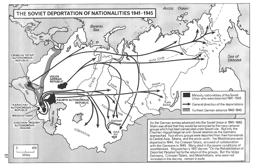 Karte der "Sowjetunion"
                mit den Stalin-Deportationen ganzer Nationen 1941-1945