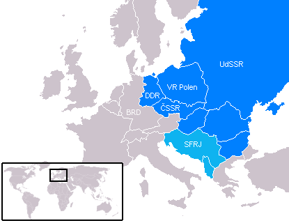 Karte des
                Ostblocks mit den sowjetisch besetzten Staaten
                Osteuropas [6]: DDR, Polen, CSSR, Jugoslawien, Ungarn,
                Rum�nien, Bulgarien, und Albanien.