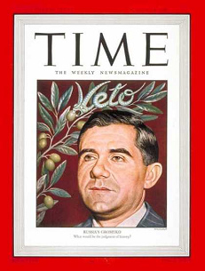 Der "sowjetische"
                Aussenminister Gromyko auf dem Titelblatt von TIME am
                18. August 1947 [2]. Er verteilt einfach fremdes Land in
                Pal�stina, so wie andere auch.