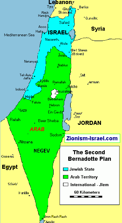 Die Karte von Bernadotte zur
                Gr�ndung eines Staates Israel mit einem vergr�sserten
                Jordanien ohne Pal�stinenserstaat-1948