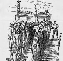 "The Black Years"
                ("Die Schwarzen Jahre") f�r die Juden der
                "Sowjetunion", Zeichnung von Michael Kagan
                �ber einen Appell in einem Gulag-Konzentrationslager