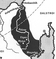 Die Zone der Gulag-Arbeitslager in
                              der Region Kolyma, Karte