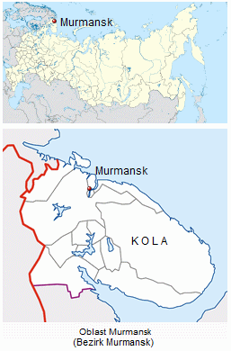 Karte
                      Russlands mit der Position von Murmansk am Eismeer
                      an der Grenze zu Finnland und Norwegen