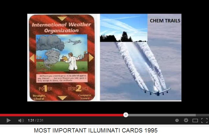 Spielkarte mit der
                        "internationalen Wetterorganisation"
                        ("international weather organization")
                        mit einem Flugzeug, das eine Wolke hinter sich
                        herzieht - und die Chemtrails
