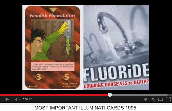 Spielkarte
                        "Teuflische Fluoridierer"
                        ("fiendish fluoridators") und
                        Fluorid-Wasser aus dem Wasserhahn mit einer
                        Todeswarnung