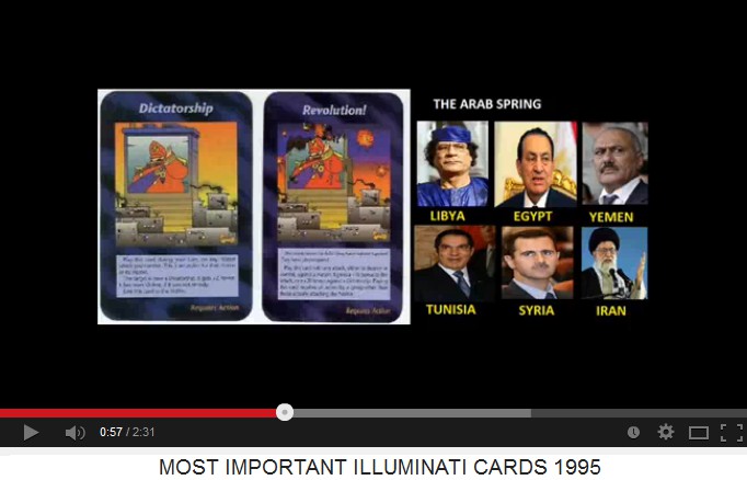 Cards show
"dictatorship" and
"revolution" - and then some
victims are shown: Gadaffi in Libya,
Mubarak in Egypt, Yemen with Ali Abdullah
Salih, Tunisia with Zine el Abidine Ben
Ali, Syria with Assad and Iran with the
mullahs Cards show
"dictatorship" and
"revolution" - and then some
victims are shown: Gadaffi in Libya,
Mubarak in Egypt, Yemen with Ali Abdullah
Salih, Tunisia with Zine el Abidine Ben
Ali, Syria with Assad and Iran with the
mullahs