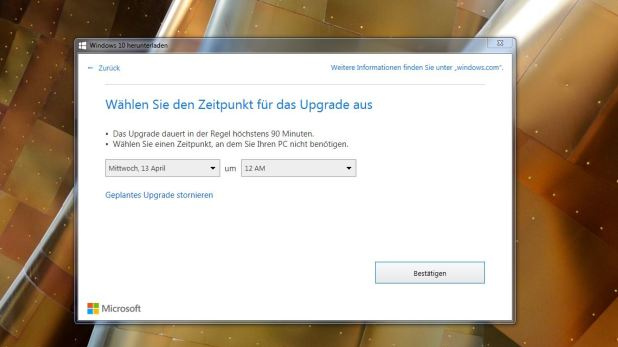 Erst im "Neu planen"-Fenster taucht
                      ein Text-Link zum Stornieren des Zwangsupdates
                      auf.
