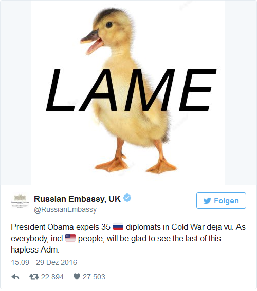 Krimineller Obama in
                        den letzten Atemz�gen mit Sanktionen gegen
                        Russland ist eine Lahme Ente