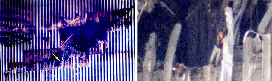 Ausgesprengtes Einschlagloch
                  des Nordturms des WTC mit Edna Cintron im
                  Einschlagloch, die sich an einen kalten Stahltrger
                  anlehnt, Flugzeugwrack ist nicht vorhanden, 11.
                  September 2001