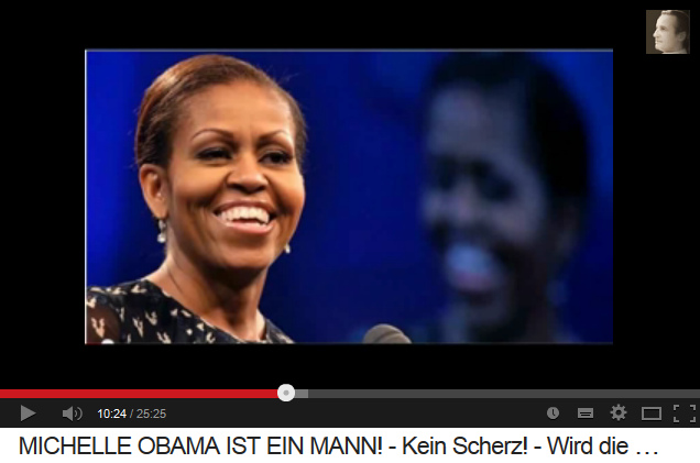 Michael Obama d�guis� comme
                      "First Lady" (alias "Michelle
                      Obama") avec des �paules larges masculins,
                      avec des muscles de la nuque forts, avec un menton
                      large et accentu�, avec une forme du front
                      masculin, avec des sourcils peints, et avec des
                      boucles d'oreille comme strat�gie de distraction